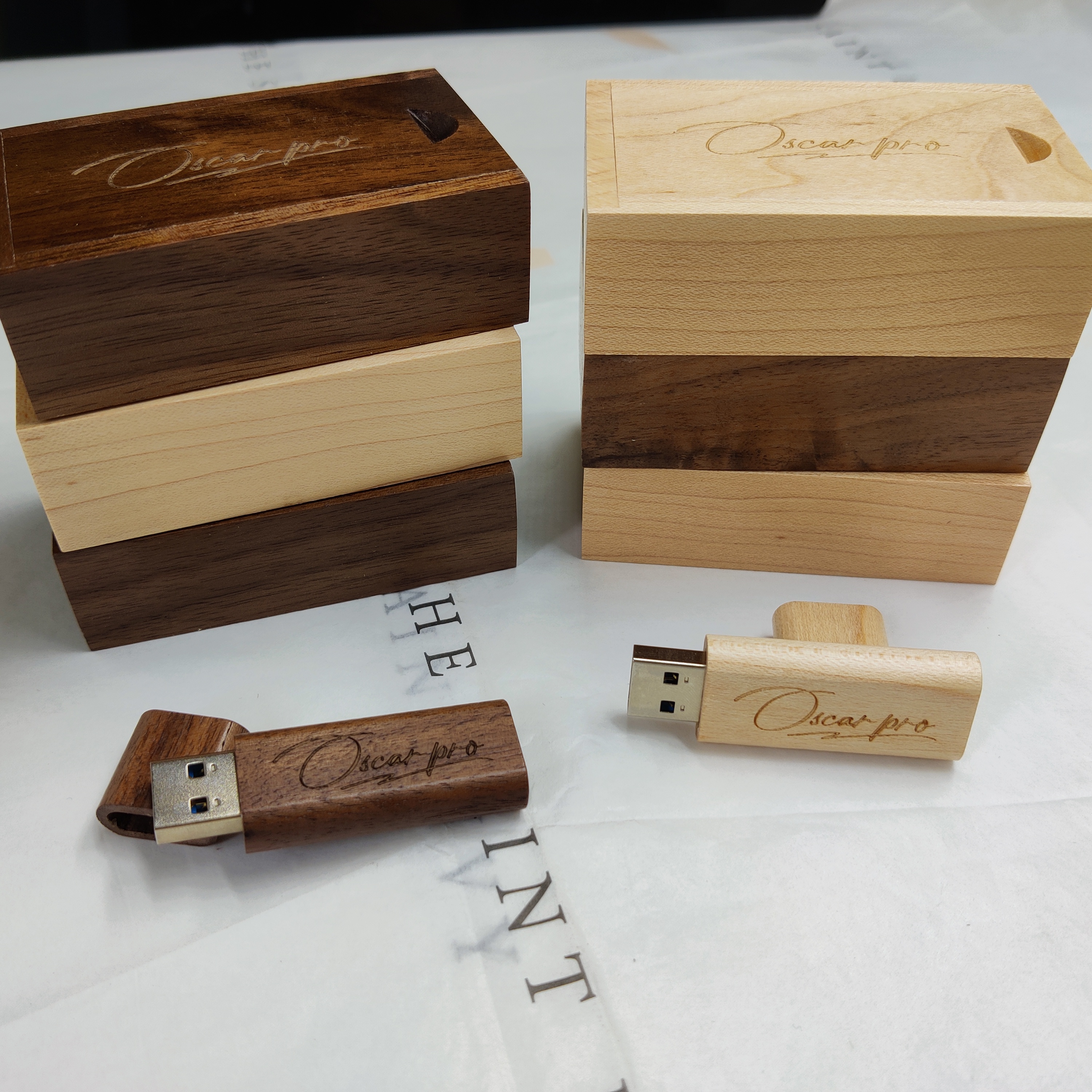 Walnut & Maple Slim wooden USB flash drive with box 