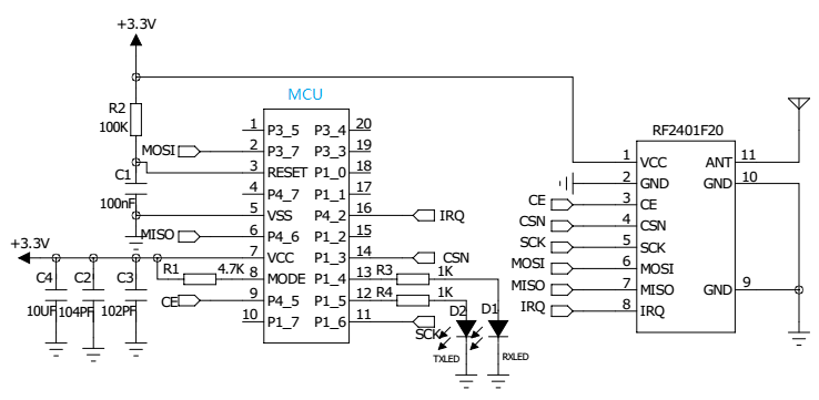 Typical application circuit of nRF24L01+ 2.4 GHz RF module RF2401F20