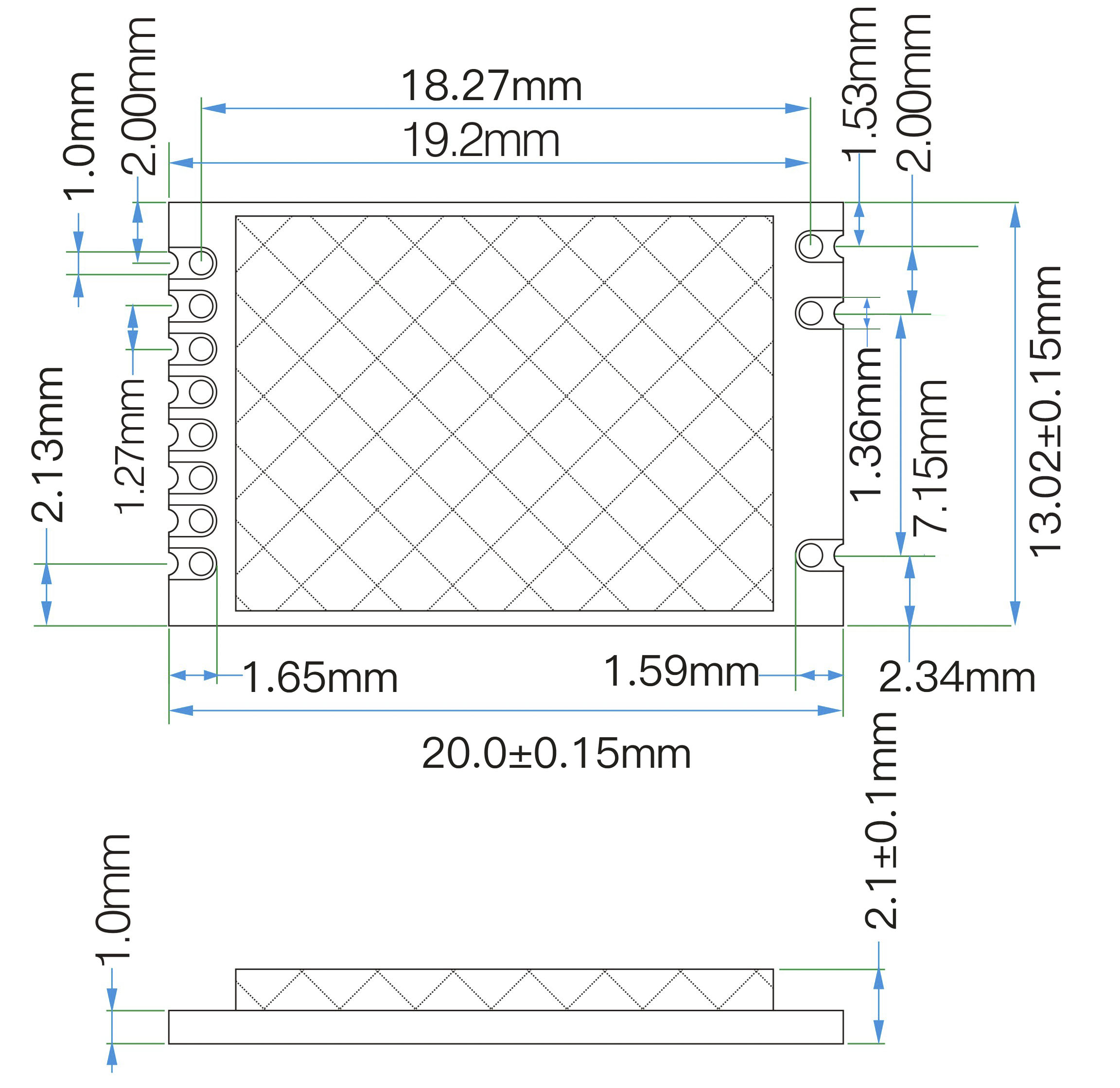 Mechanical sizes of nRF24L01+ 2.4 GHz RF module RF2401F20