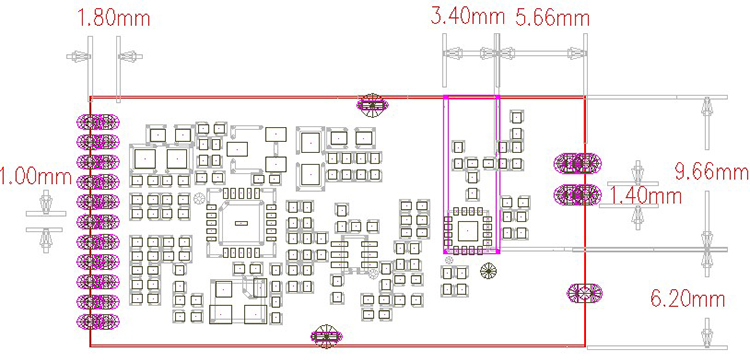Mechanical sizes of 2.4 GHz transmitter and receiver RF2401F27