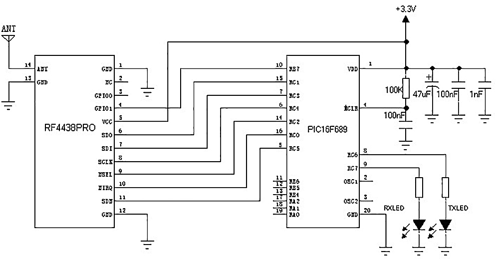 Typical Application Circuit of 433MHz RF Module RF4438PRO