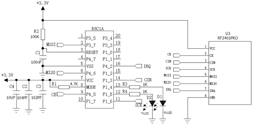 Typical application circuit of 2.4 GHz Transmitter And Receiver Module RF2401Pro Using nRF24L01+ chip