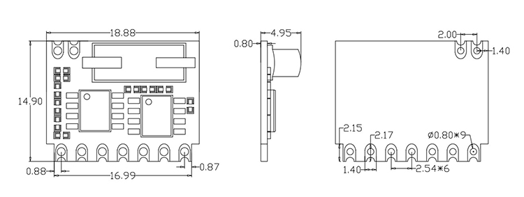 Mechanical sizes of 315MHz ASK Receiver Module SRX885