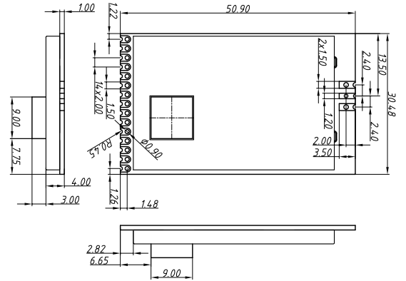 Mechanical dimensions of SX1301 LoRaWan Gateway Module LoRaWan1301