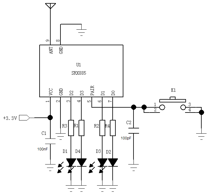Typical application circuit of 433MHz ASK Receiver Module SRX885