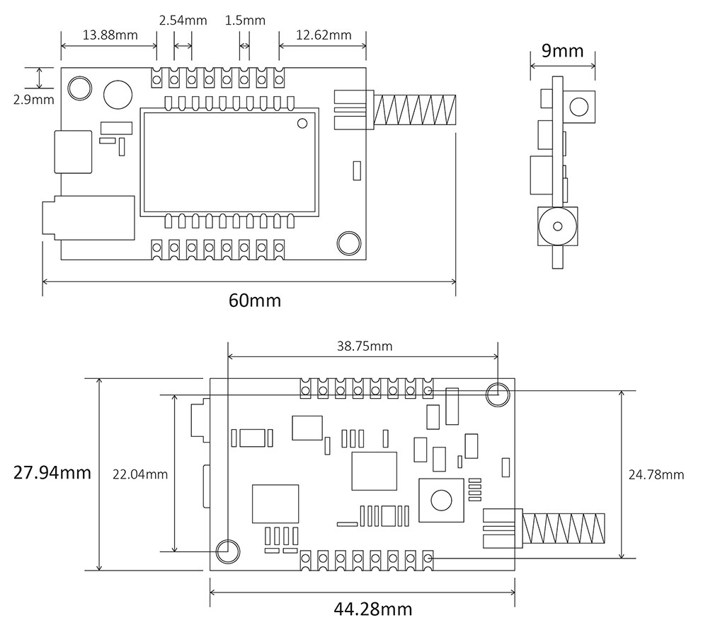 Mechanical dimensions of wireless audio module SA326-TX