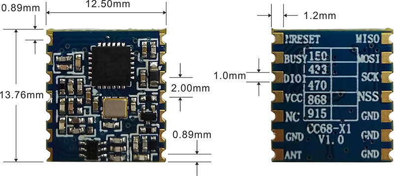 Mechanical dimensions of LLCC68 Wireless Module LoRa-CC68-X1