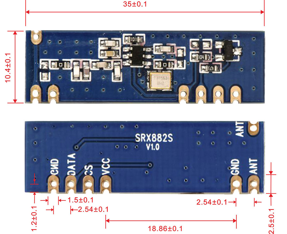 Mechanical dimensions of 433MHz superheterodyne receiver module SRX882S
