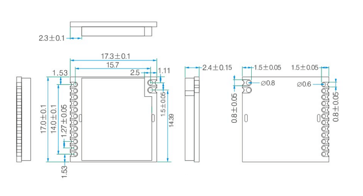 Mechanical dimensions of si4432 wireless module RF4432PRO
