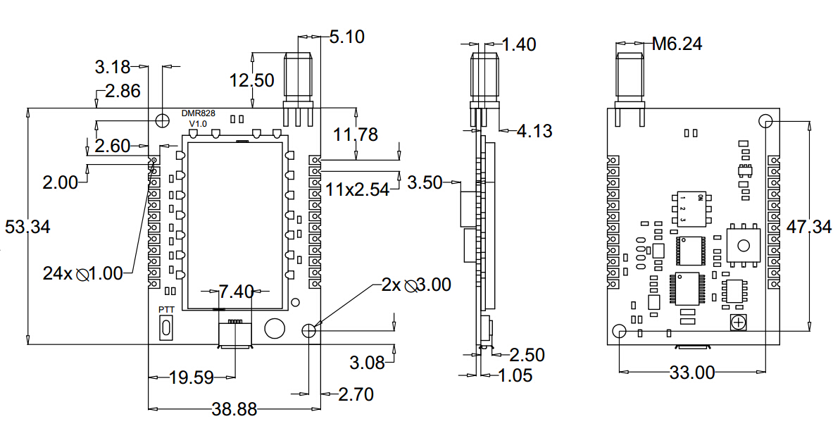 Mechanical Dimensions of Walkie Talkie Module DMR828S
