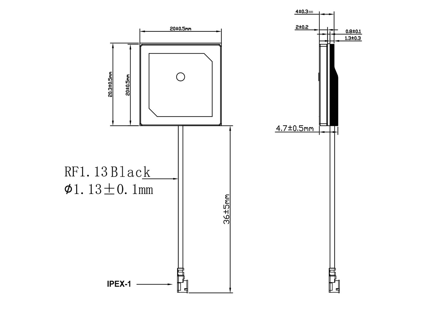 Mechanical Dimensions of 1575.42 MHz GPS antenna AGPS20P-36I