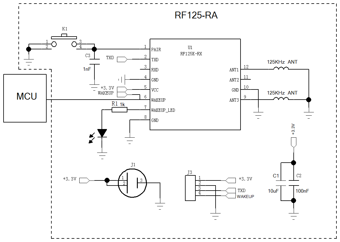 Typical application circuit of 125KHz receiver RF125-RX/A